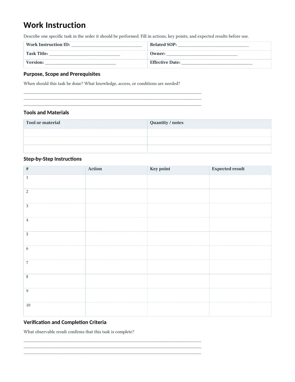 First page of the standard work instruction with document control, prerequisites, tools, and ten numbered task-step rows.
