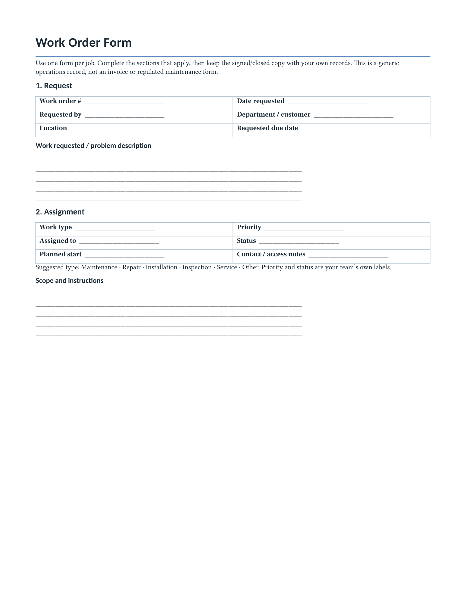 First page of the blank work order form showing request and assignment fields with writing lines for job description and scope.