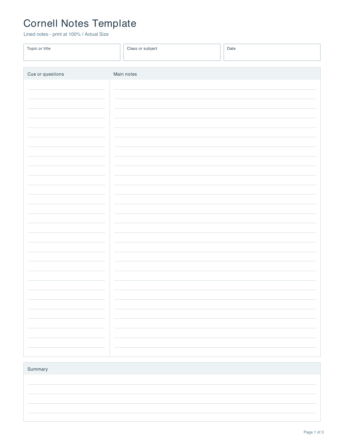 Actual Letter Cornell Notes PDF showing topic fields, cue column, lined notes area, and summary area.