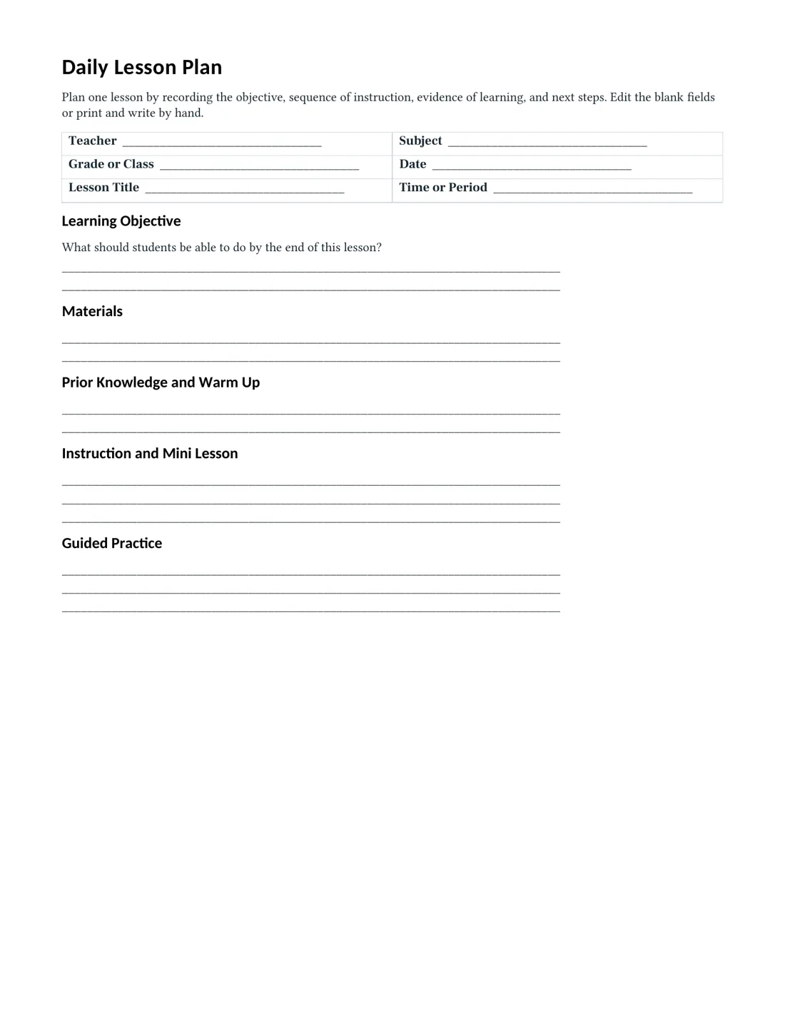 Actual first page of the daily lesson plan Letter PDF with teacher fields and writing areas for objective, materials, warm up, instruction, and guided practice