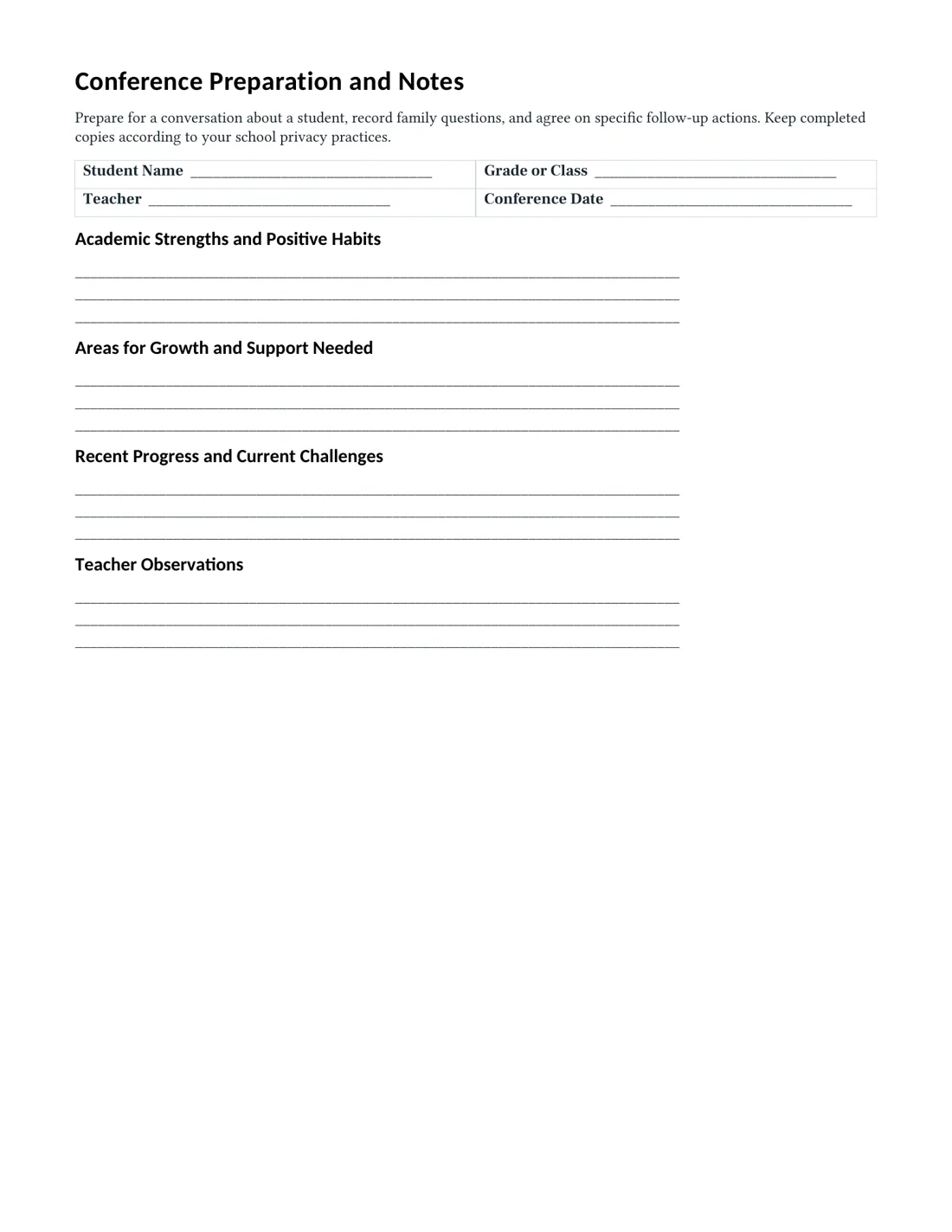 Actual first page of the Letter parent-teacher conference preparation PDF with student fields and writing areas for strengths, growth, progress, and observations