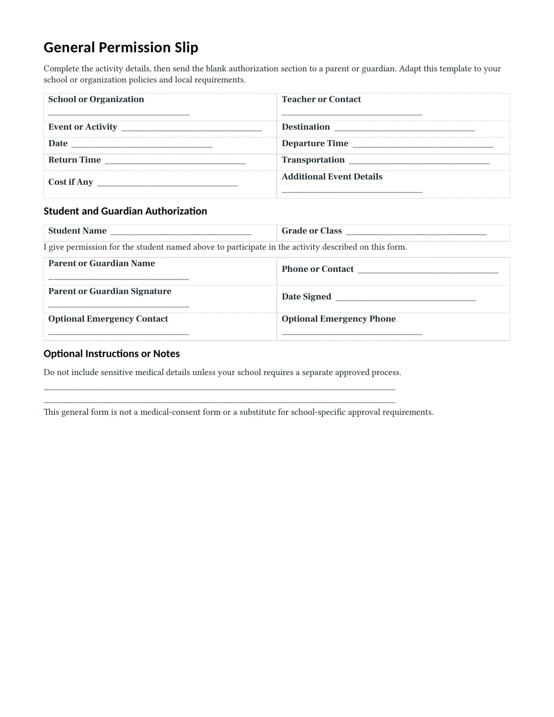Actual Letter general permission slip PDF with event details, student and guardian fields, authorization sentence, and signature lines