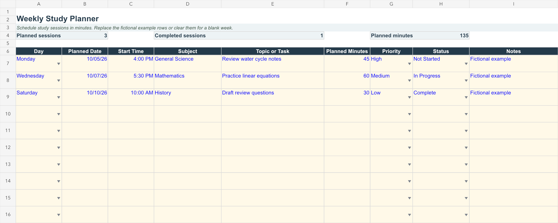 Actual Study Planner workbook showing a weekly schedule with subjects, tasks, minutes, priorities, and status.