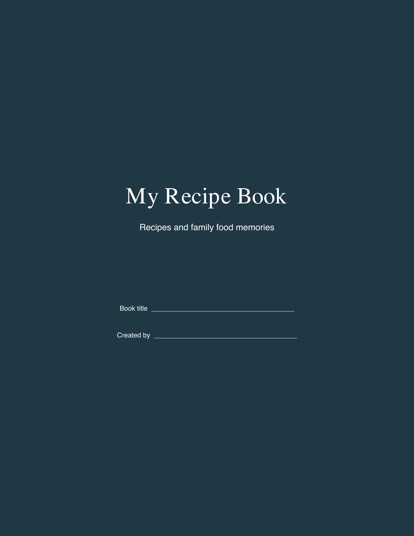 Recipe book template cover followed by contents, divider, recipe, memory, and index pages.