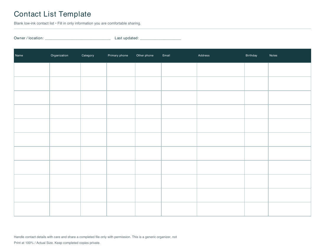 Blank printable contact list template with labeled columns and eleven writing rows.