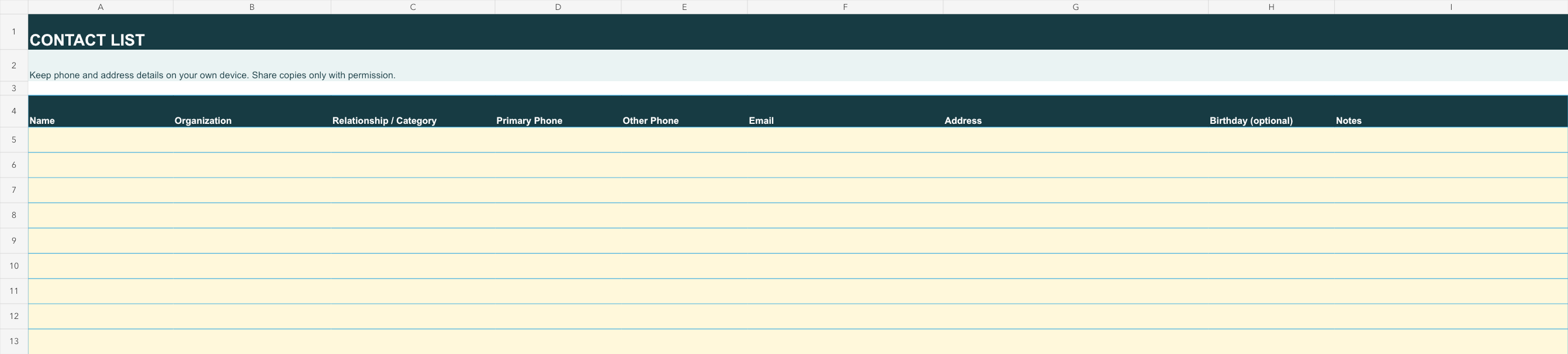 Editable contact list template workbook with labeled columns and blank sortable rows.
