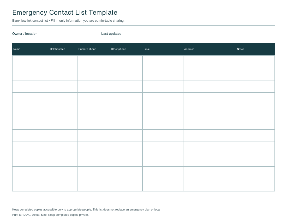 Blank printable emergency contact list template with labeled columns and eleven writing rows.