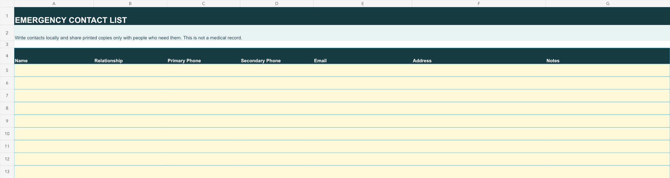 Editable emergency contact list template workbook with labeled columns and blank sortable rows.