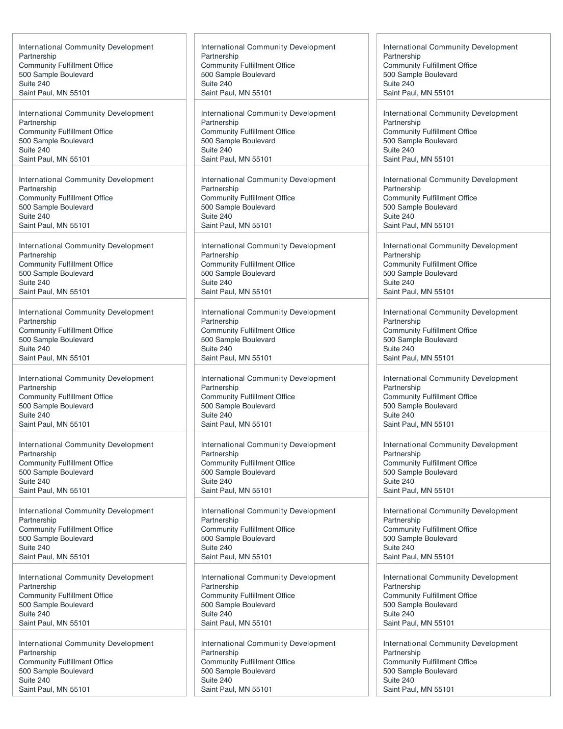 Actual Letter PDF fixture showing thirty repeated address labels in three columns and ten rows.