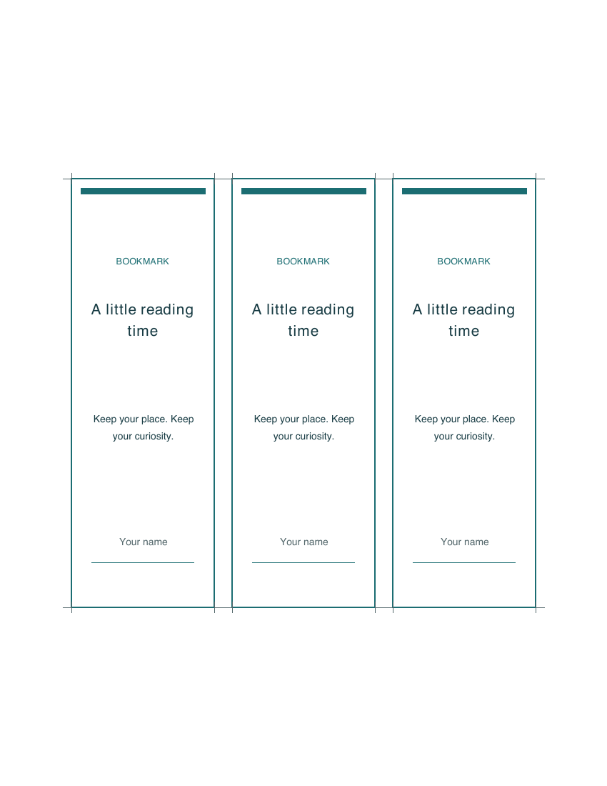 Three original 2 by 6 inch bookmarks on a Letter sheet, rendered from the sample PDF.