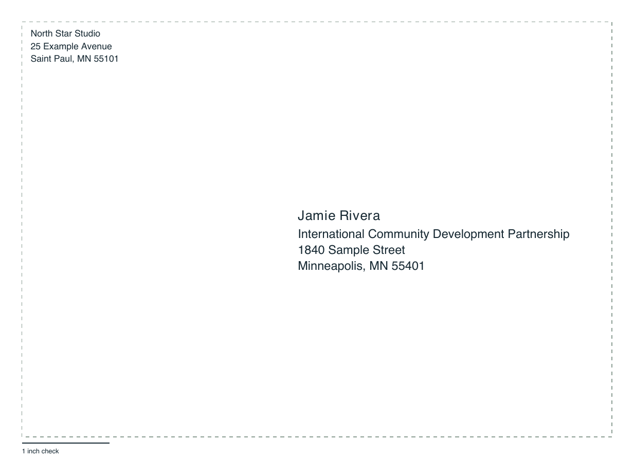 Actual A7 envelope PDF fixture with return and recipient address placement.