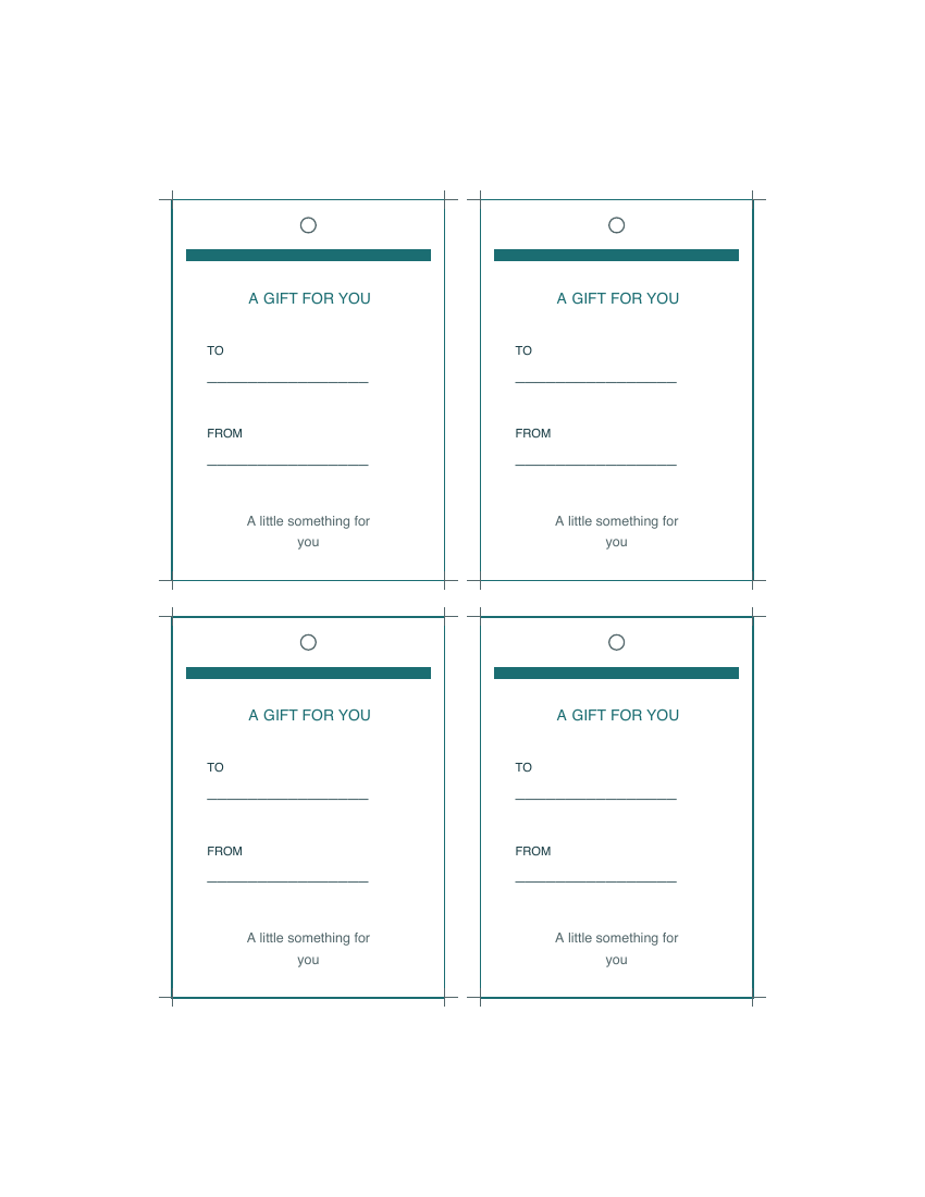 Four original 2.5 by 3.5 inch gift tags on a Letter sheet, rendered from the sample PDF.