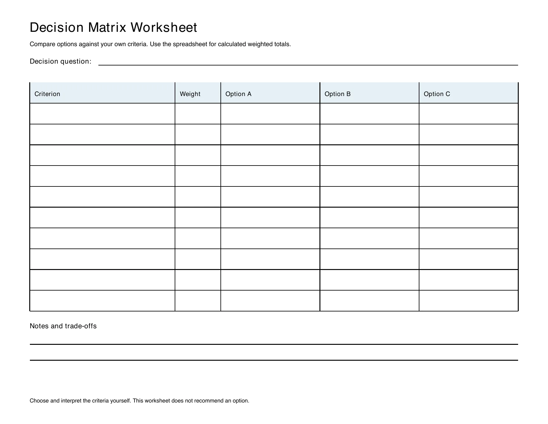 Actual Letter decision matrix worksheet with criterion, weight, and three option columns