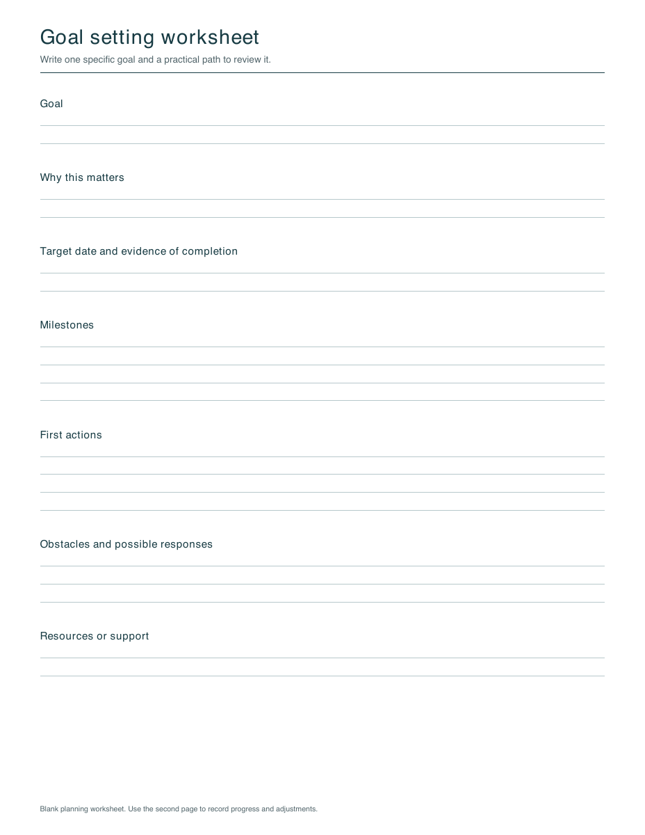 First page of the actual Letter PDF with labeled writing areas for goal, why it matters, target date, milestones, actions, obstacles, and support.