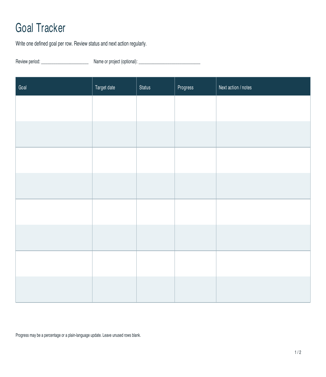 First page of the actual Letter goal tracker PDF with blank columns for goal, target date, status, progress, and next action