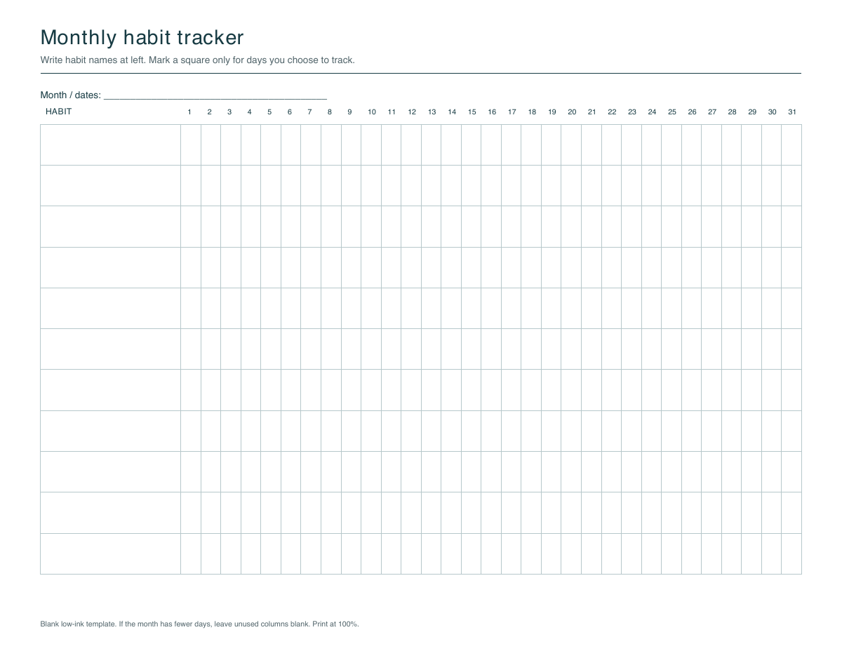 First page of the actual Letter PDF: a monthly tracker with ten blank habit rows and numbered day columns 1 through 31.