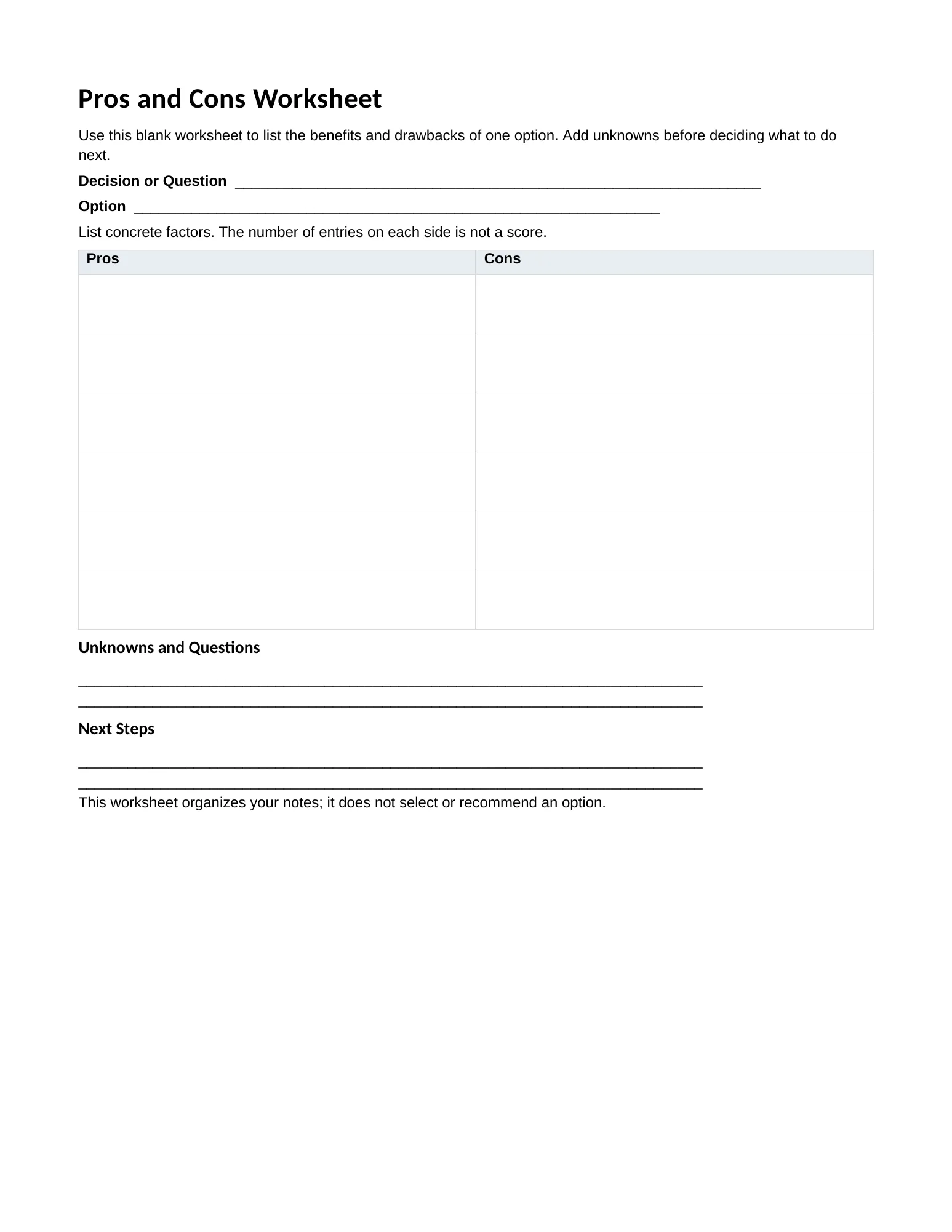 Actual Letter pros and cons PDF with decision question, option, pros and cons table, unknowns, and next steps