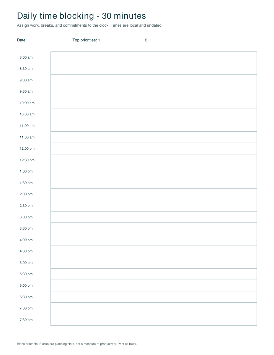 Actual daily 30-minute PDF page with date and priorities fields and blank time slots from 8 am to 8 pm.