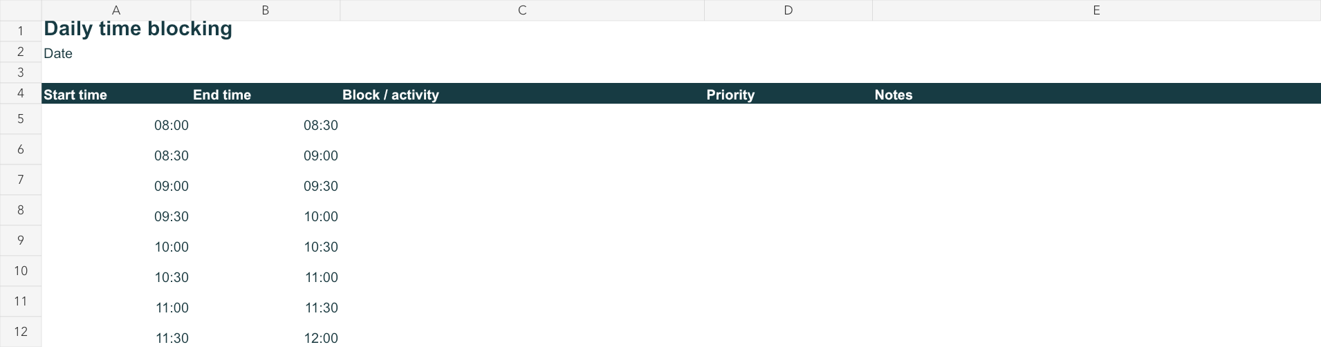 Actual Daily 30-minute workbook sheet with start time, end time, block, priority, and notes columns.