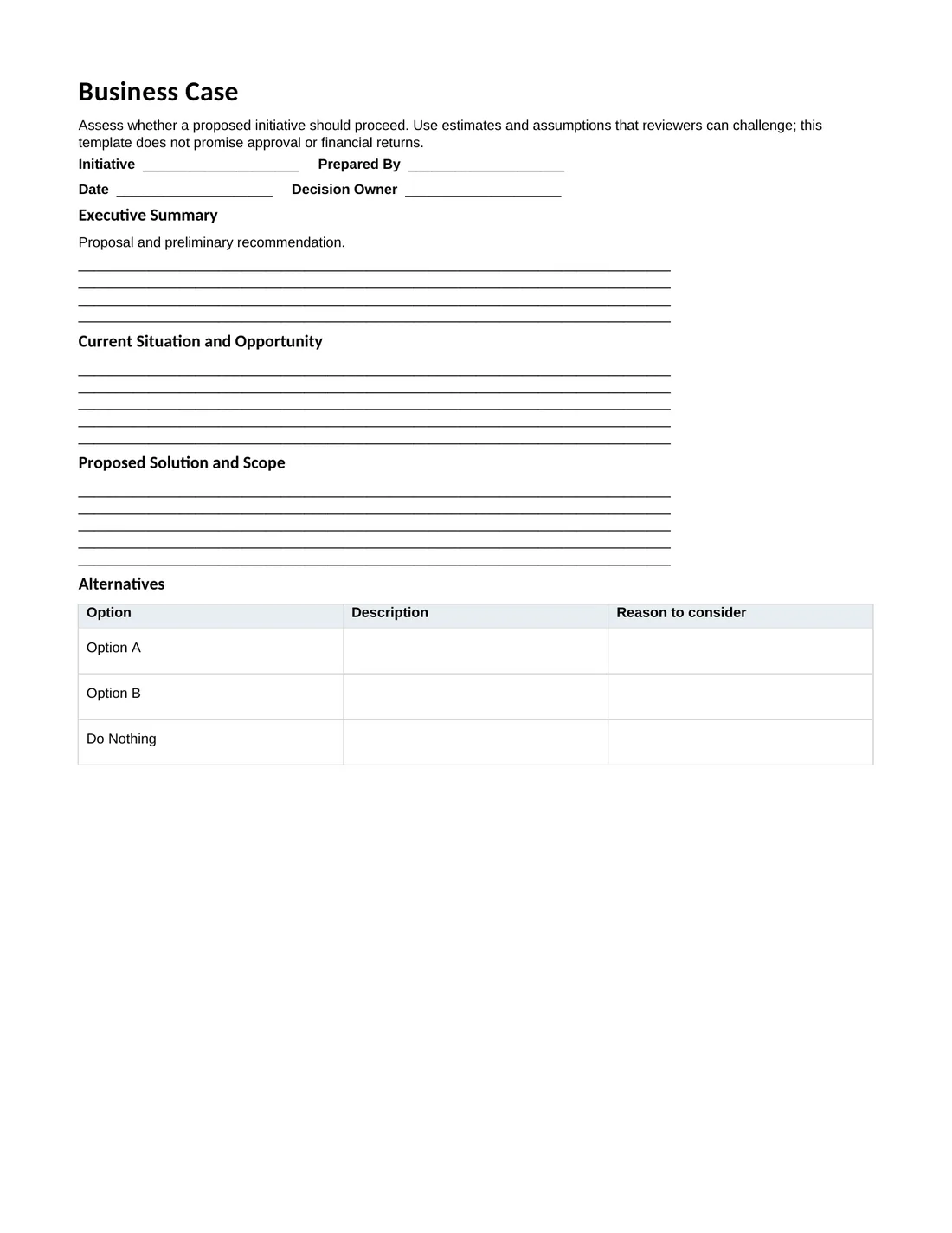 Actual first page of the Letter business case PDF with decision summary, need, objectives, and options
