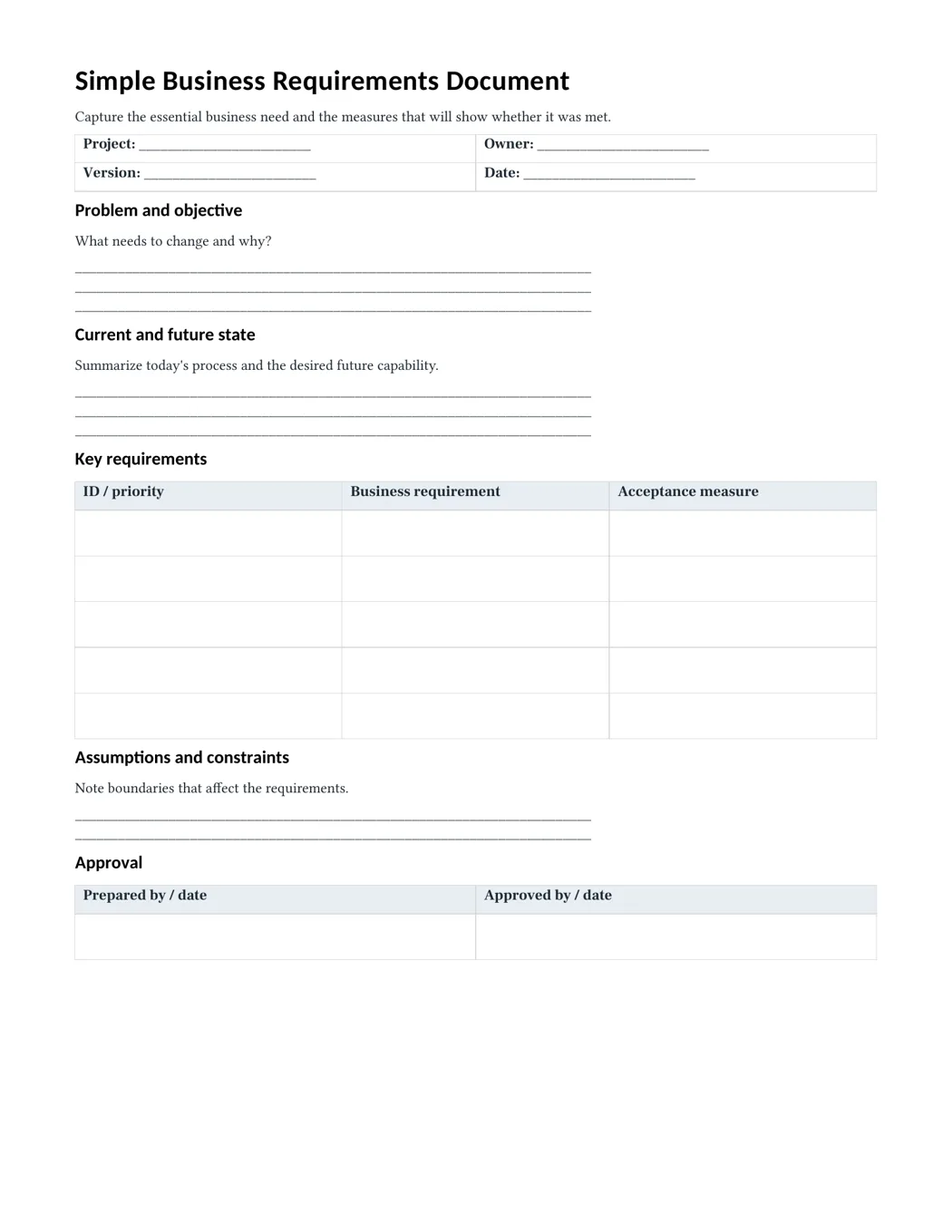 First page of the actual simple Letter BRD PDF showing problem, objective, and current versus future state areas