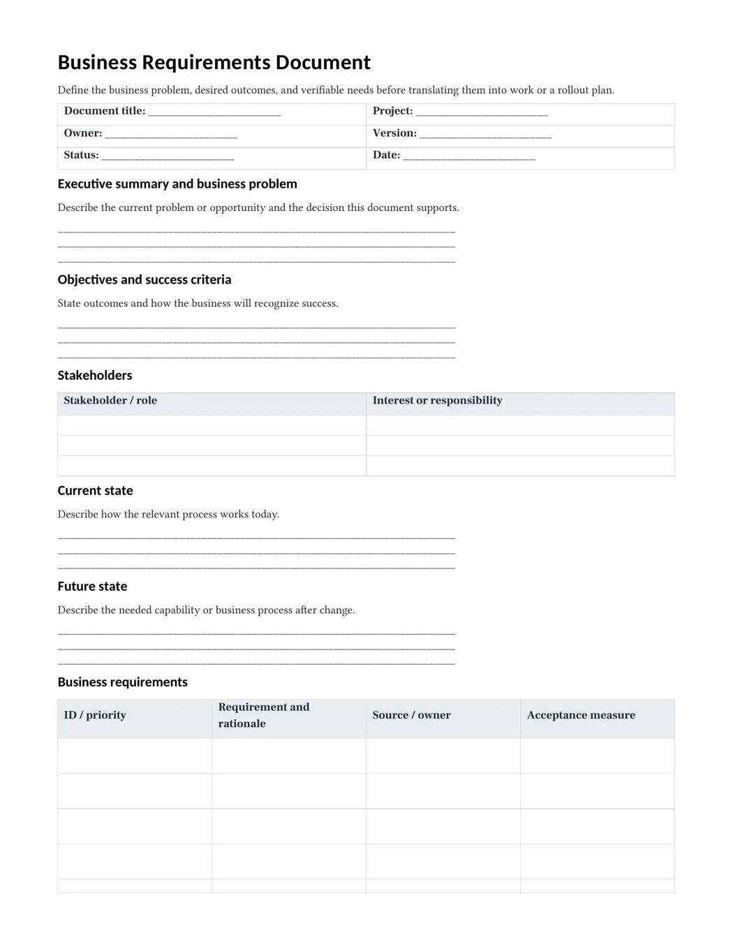 First page of the actual standard Letter BRD PDF showing document control, problem, objectives, and stakeholder sections