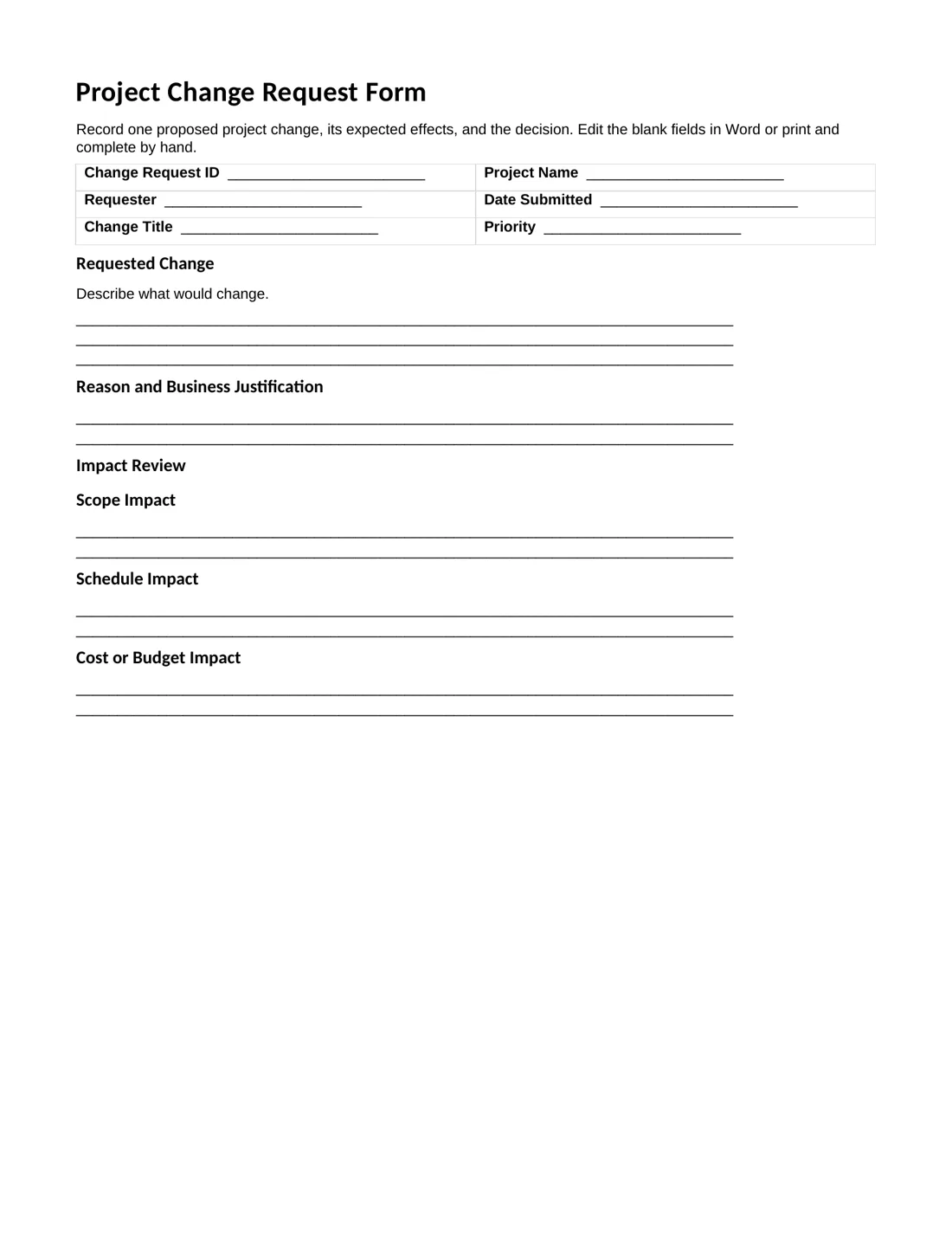 Actual first page of the Letter change request PDF with request identification and impact-review writing areas