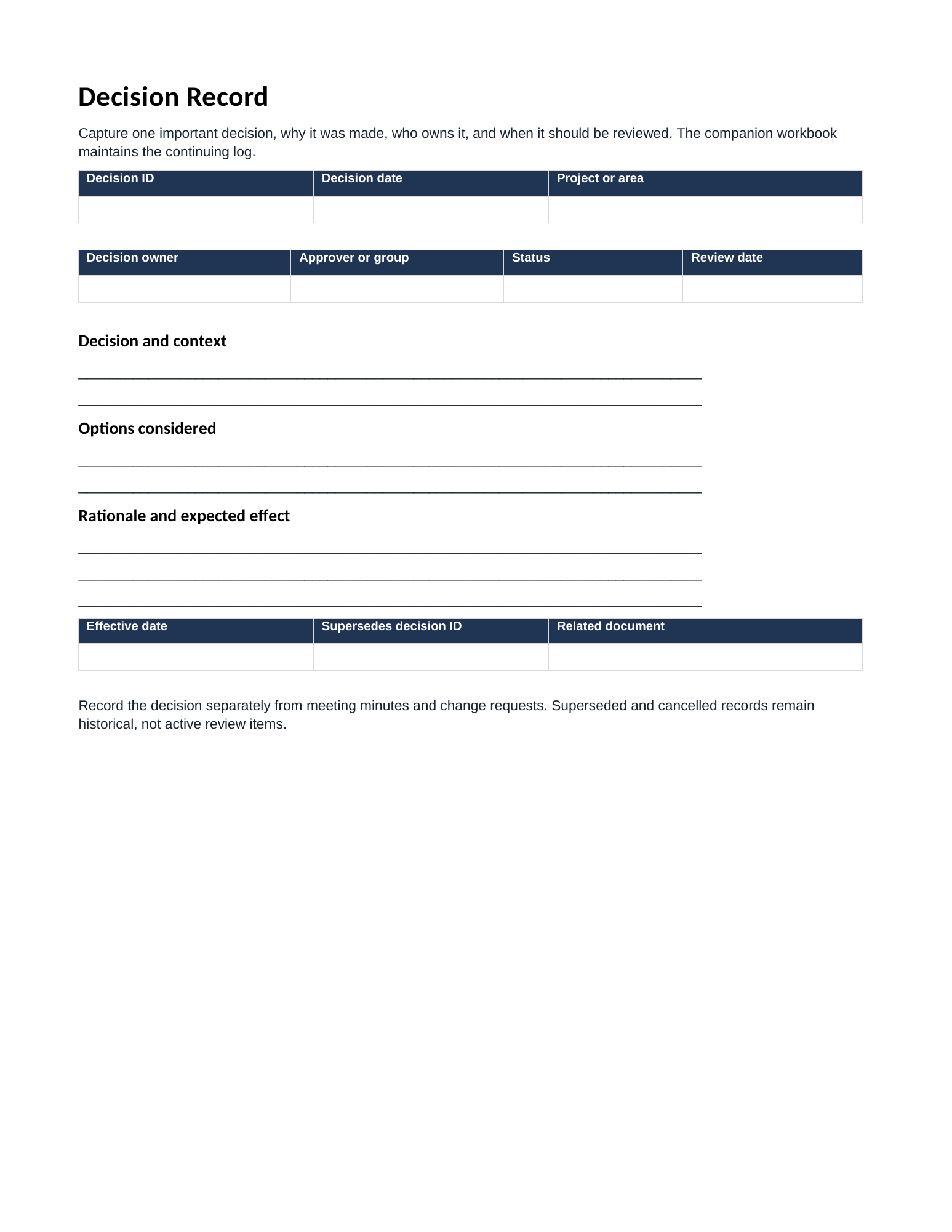 Actual first page of the blank Decision Log Template Letter PDF.