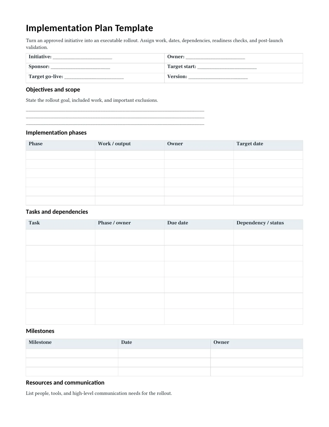 First page of the actual Letter implementation plan PDF showing initiative details, objectives, scope, and phase table