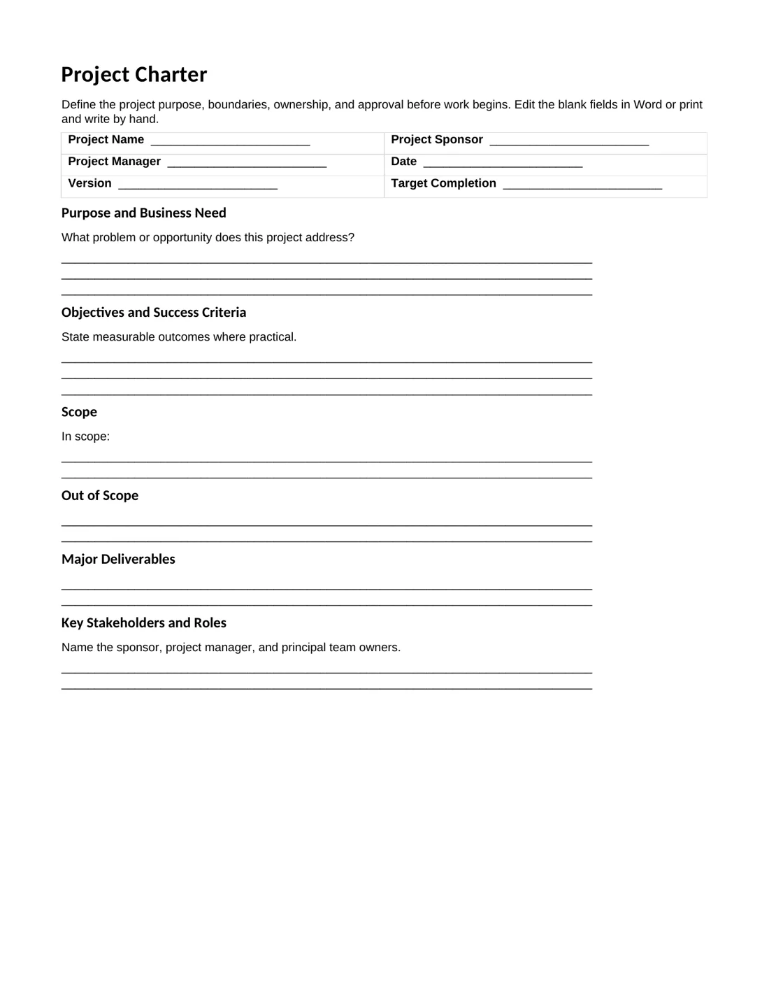 First page of the actual Letter project charter PDF showing purpose, objectives, scope, deliverables, and stakeholder writing areas