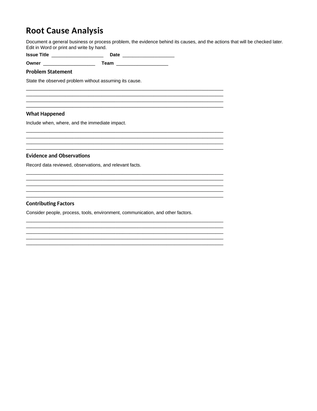 Actual Letter root cause analysis PDF with problem statement, evidence, and cause investigation sections
