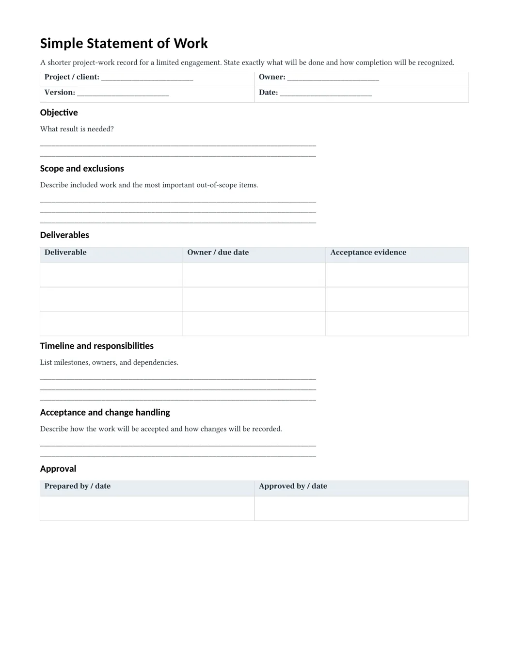 First page of the actual simple Letter statement of work PDF, showing the condensed objective and scope layout