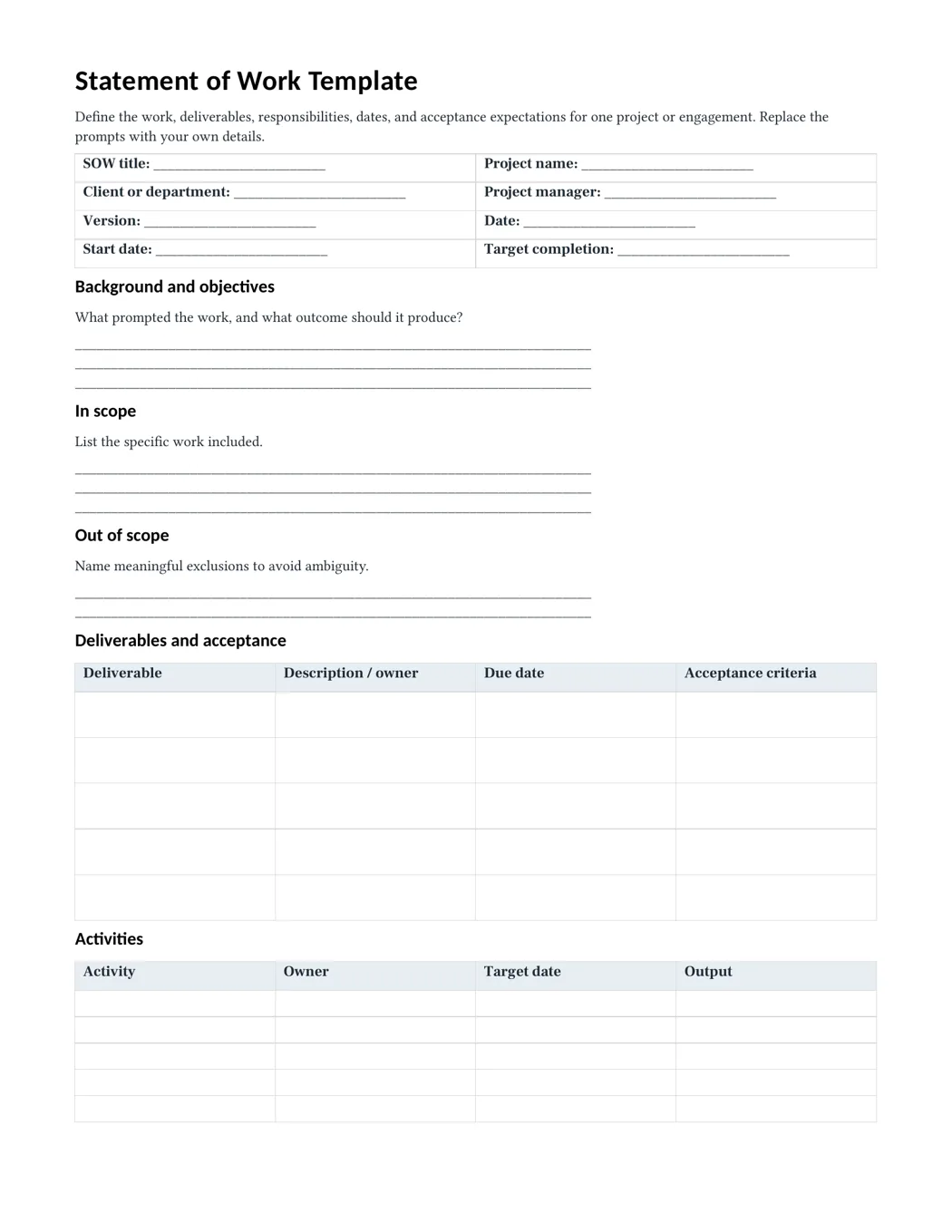 First page of the actual standard Letter statement of work PDF, showing document information, background, objectives, and scope sections