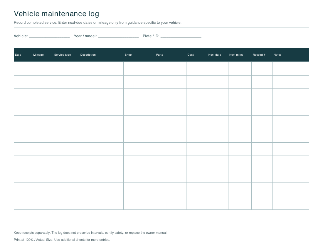 Blank maintenance log PDF with date, mileage, service type, provider, parts, cost, next-due and notes columns.