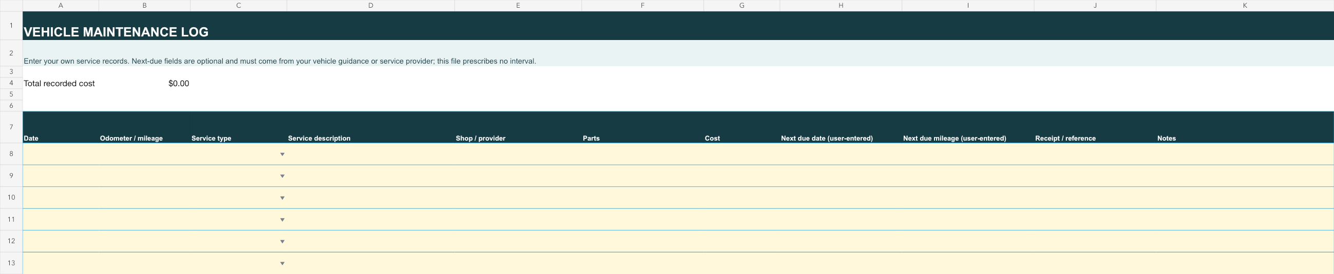 Editable maintenance log workbook with total recorded cost and blank service-entry rows.