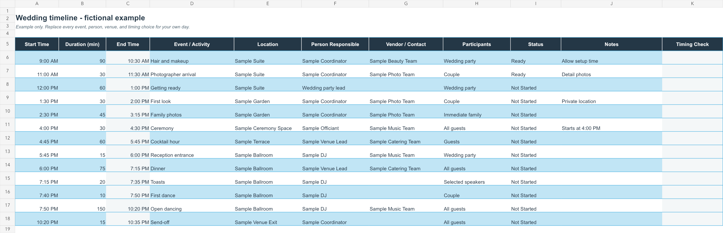 Preview of the completed wedding timeline spreadsheet with start times, end times, activities, locations, owners, participants, and timing checks.